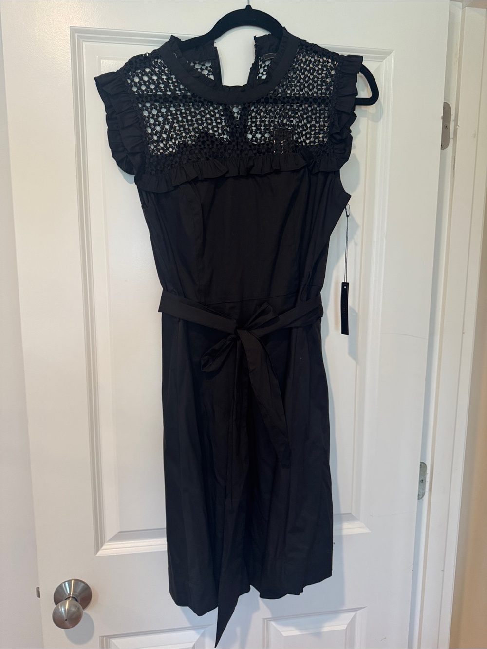 Sleeveless Black Midi Dress with Lace Yoke and Self-Tie Belt
